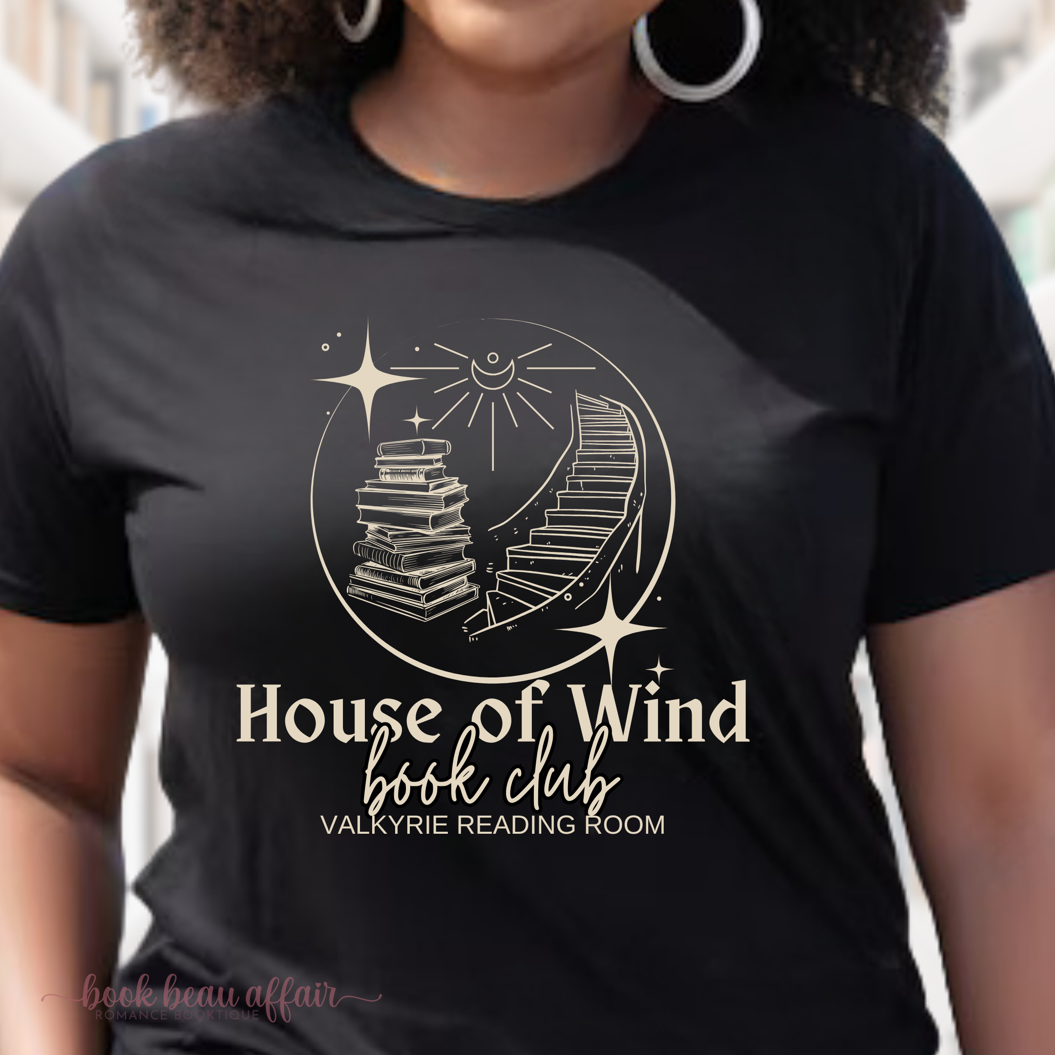 Close up of House of Wind Book Club, Valkyrie Reading Room, ACOTAR shirt, Rhysand, Nesta Cassian, Black Tee