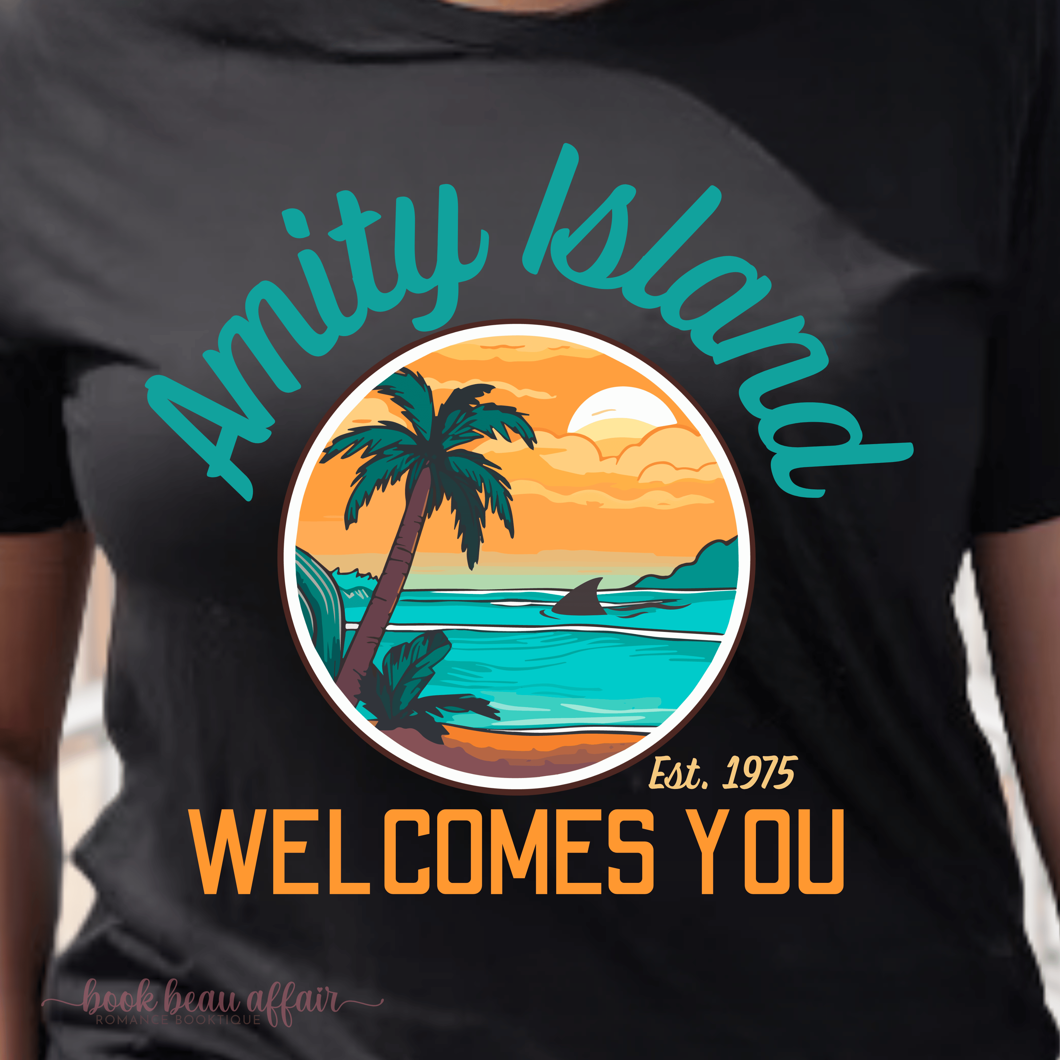 Amity Island Welcomes You, Shark Fin, Jaws fan shirt, Jaws 50th Anniversary, Great White Shark, Close Up Black Tee