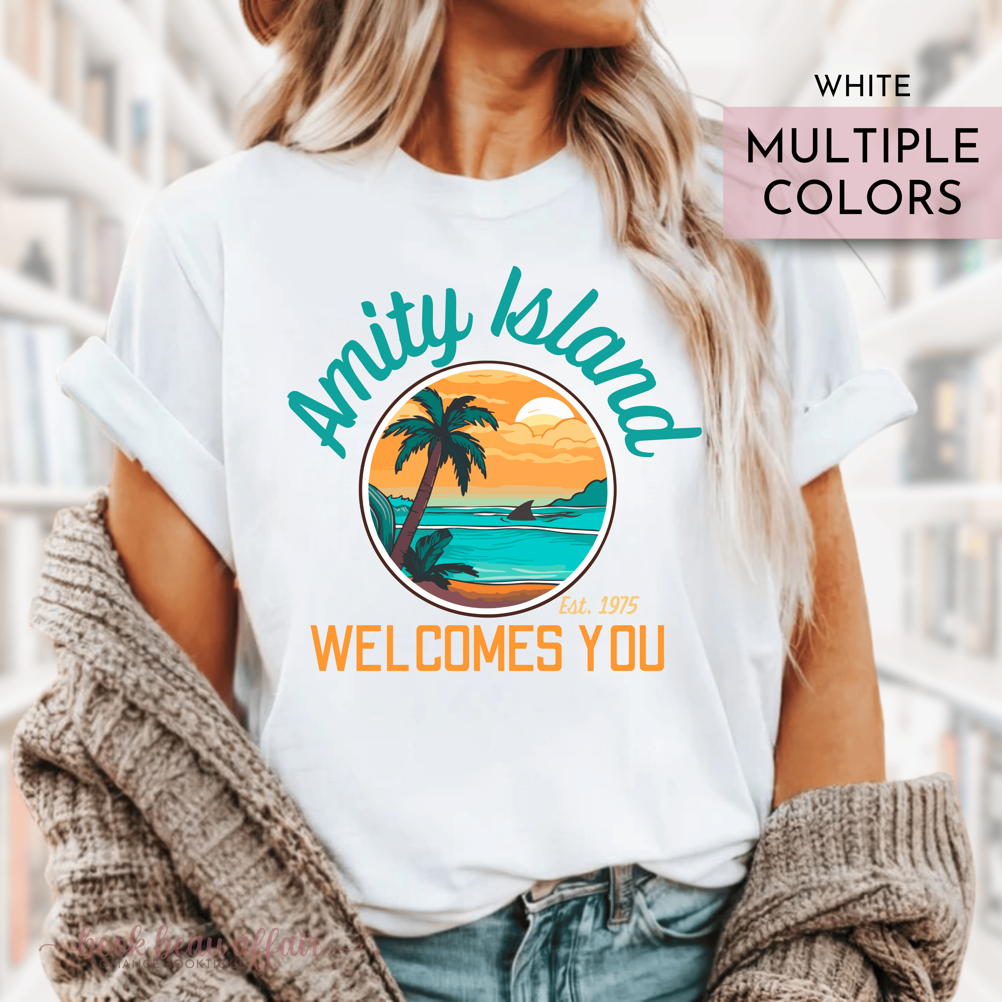 Amity Island Welcomes You, Shark Fin, Jaws fan shirt, Jaws 50th Anniversary, Great White Shark, White Tee