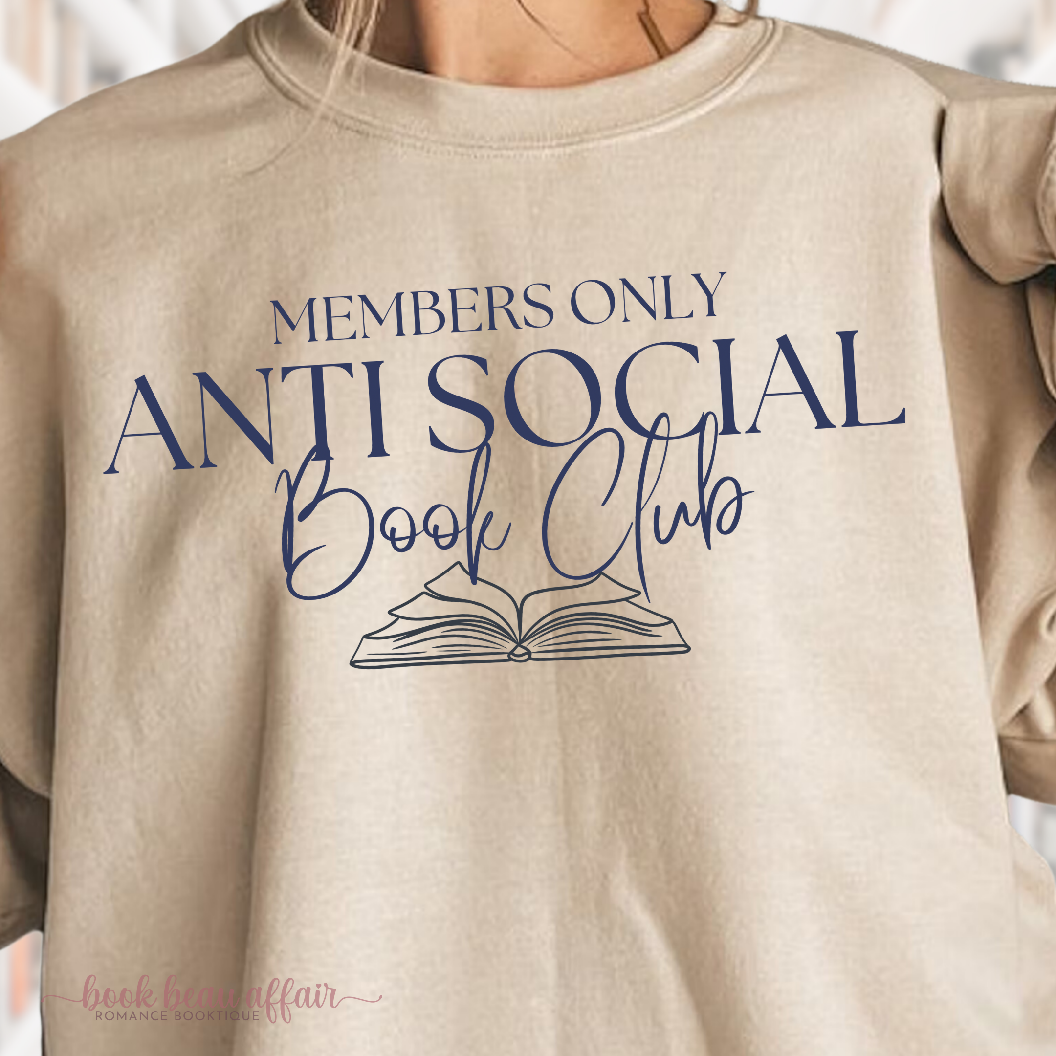 close up Anti Social Book Club Sweatshirt, Members only, bookish crew sand tan Sweatshirt
