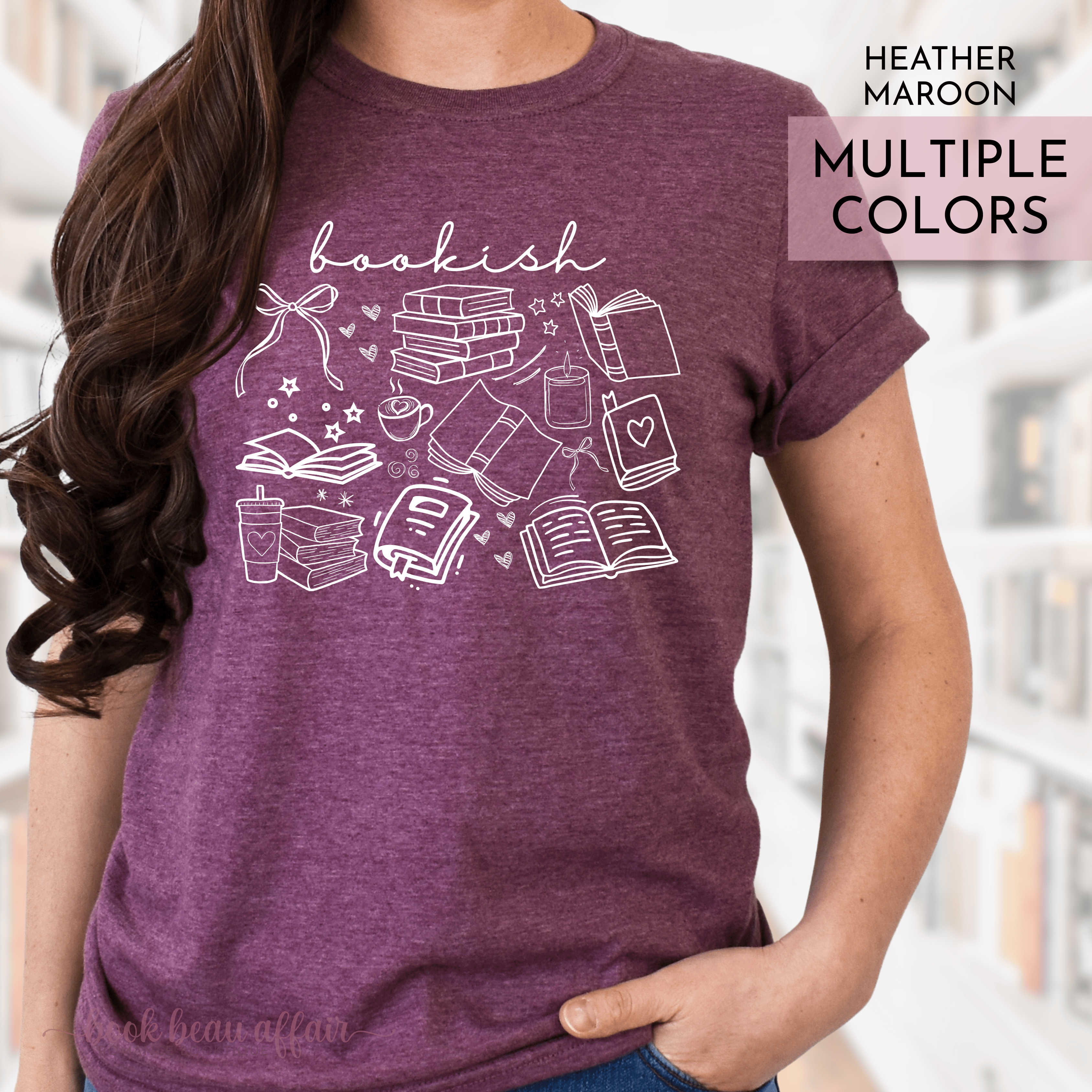 Bookish doodle t-shirt featuring hand-drawn book illustrations and "bookish" text on soft cotton tee. Heather Maroon