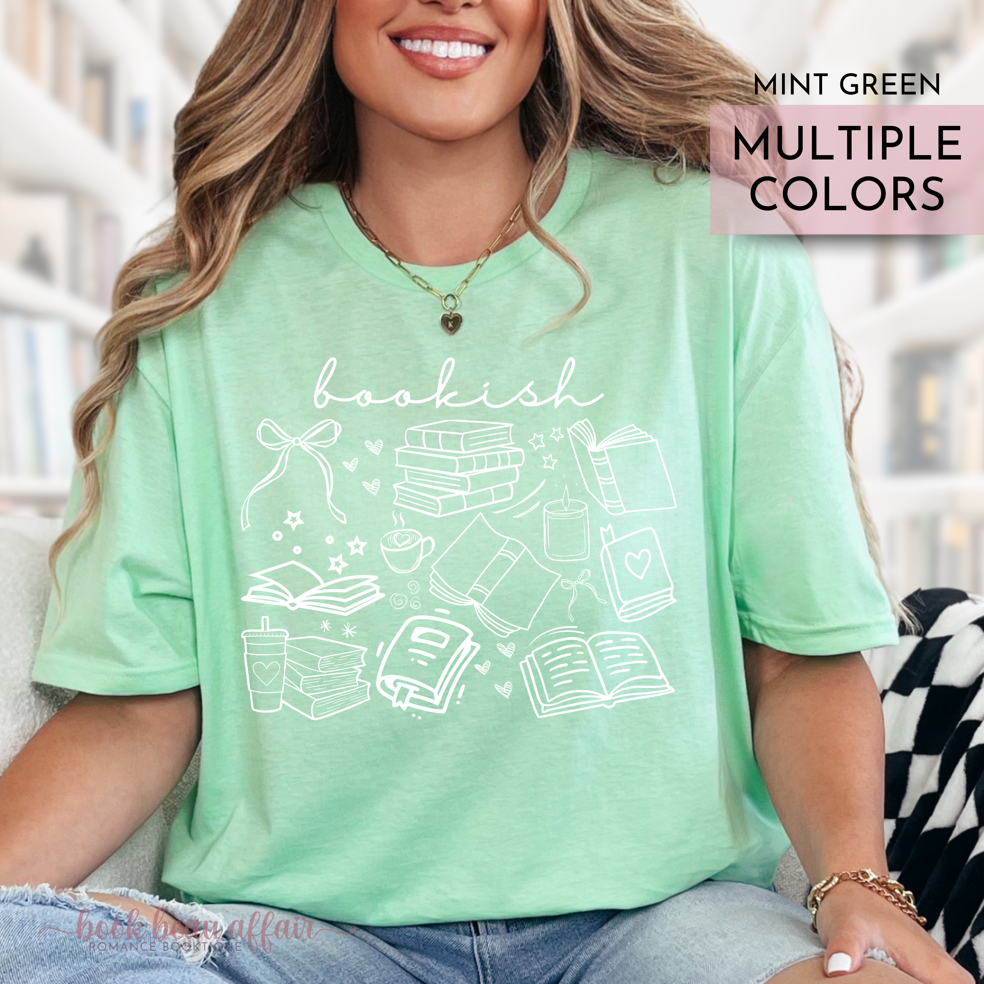 Bookish doodle t-shirt featuring hand-drawn book illustrations and "bookish" text on soft cotton tee. Mint Green