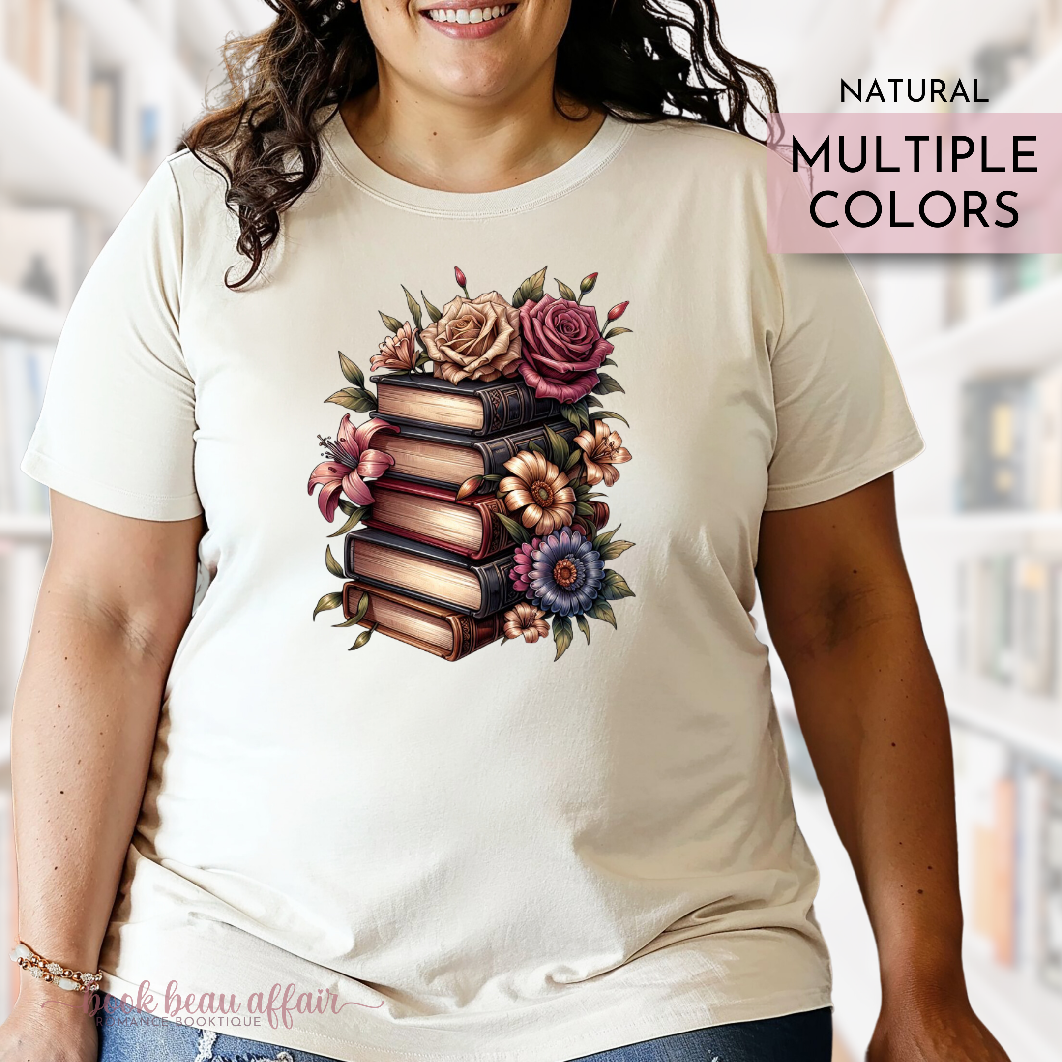 Tshirt with a stack of books and flowers, floral bookish shirt, natural light tan