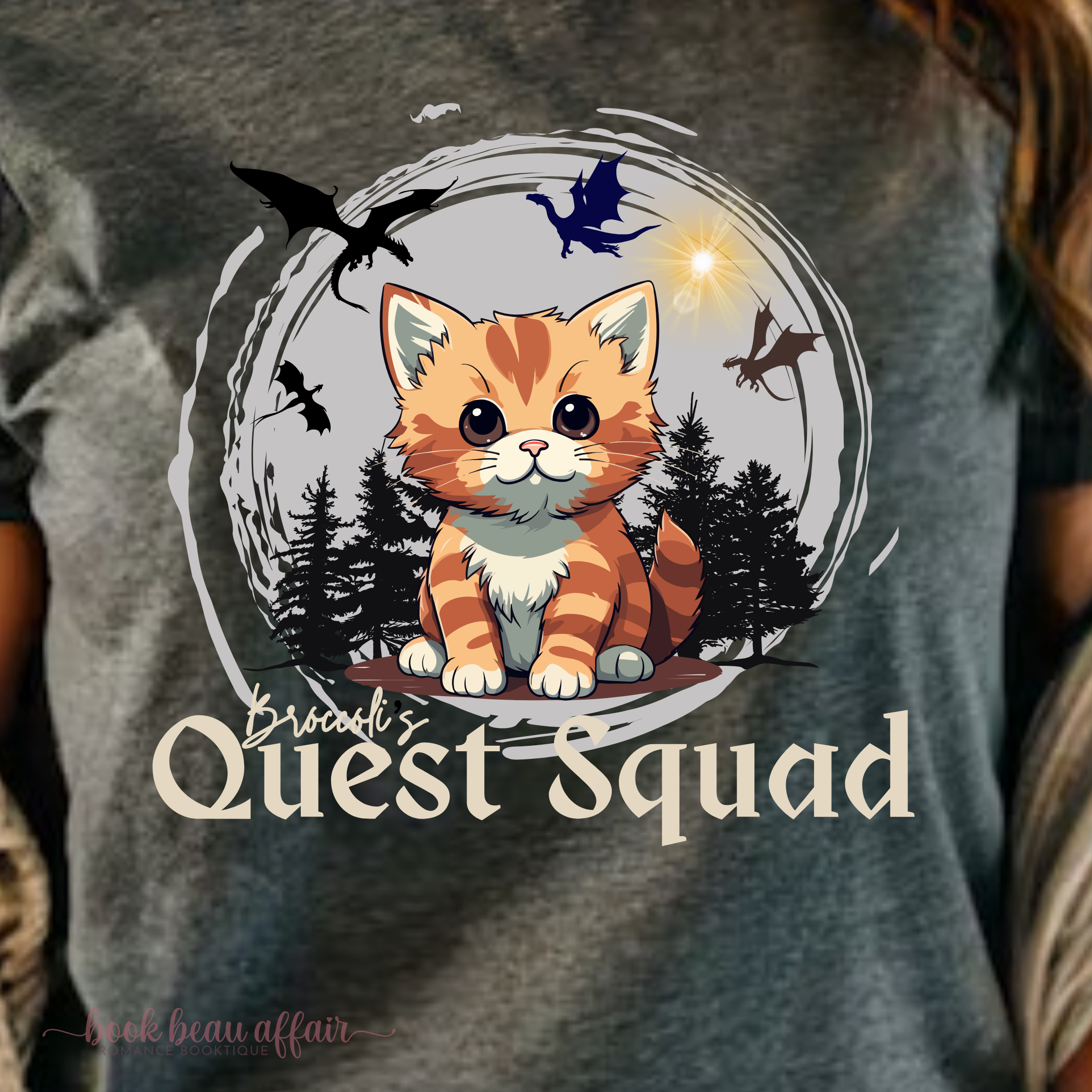 Close up of Broccoli's Quest Squad, Onyx Storm Shirt, Fourth Wing Shirt, Dragons, Dragon Rider, Xaden Riorson, Iron Flame, Cute Cat Shirt, Bookish Shirt, Heather Dark Gray