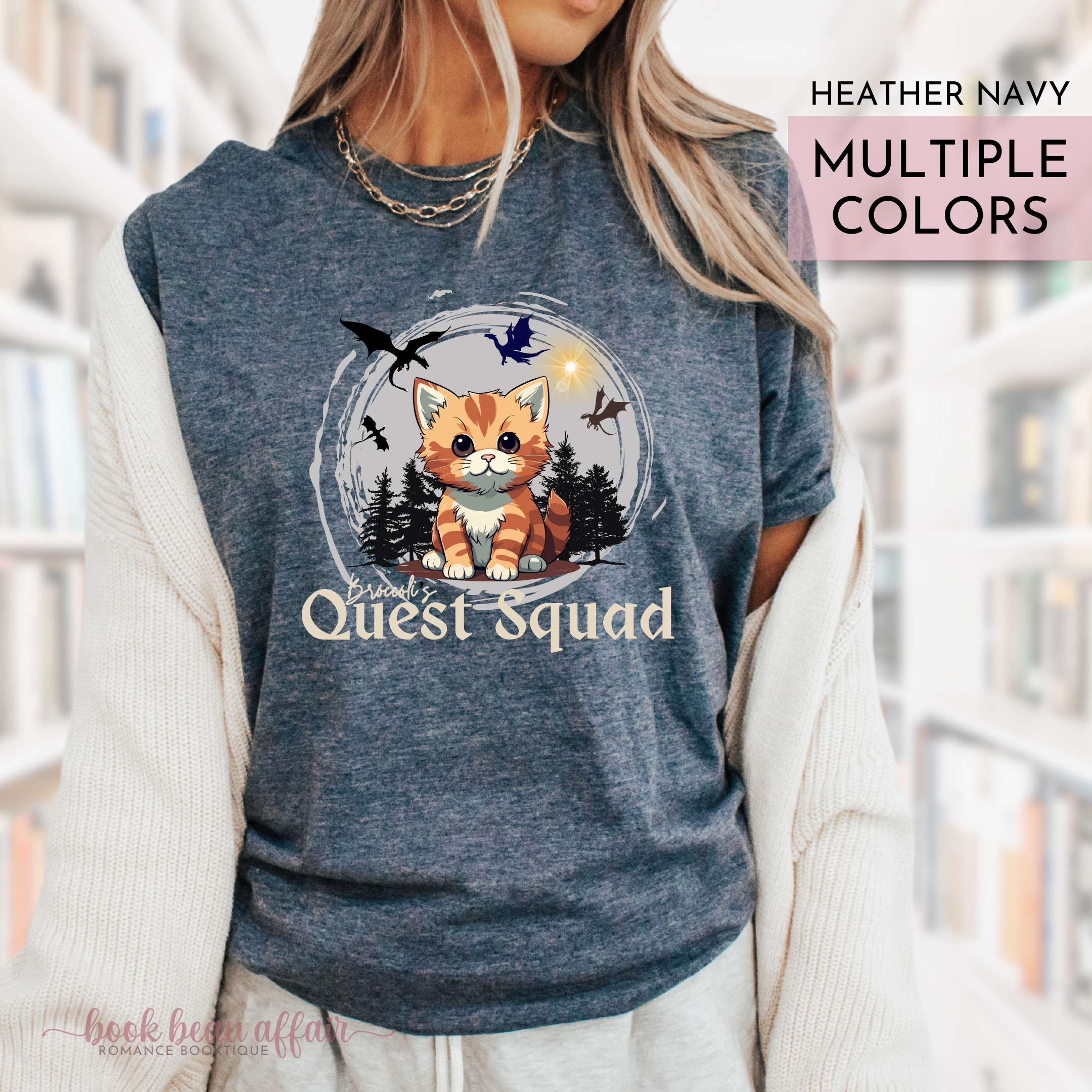 Broccoli's Quest Squad, Onyx Storm Shirt, Fourth Wing Shirt, Dragons, Dragon Rider, Xaden Riorson, Iron Flame, Cute Cat Shirt, Bookish Shirt, Heather Navy Blue