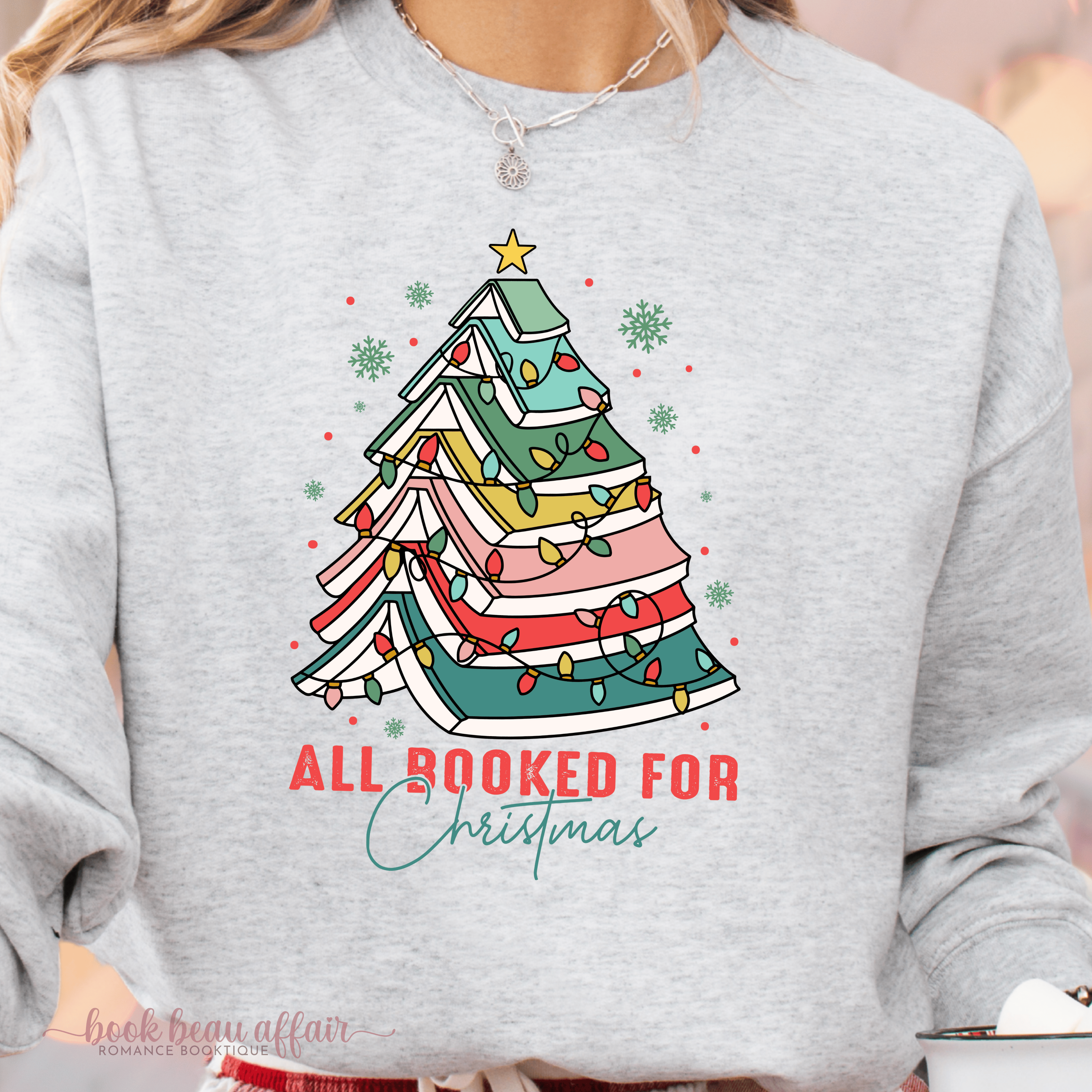 All Booked for Christmas Crew, Book Christmas Tree, Christmas Sweatshirt, Bookish Sweatshirt, Ash Gray Close up