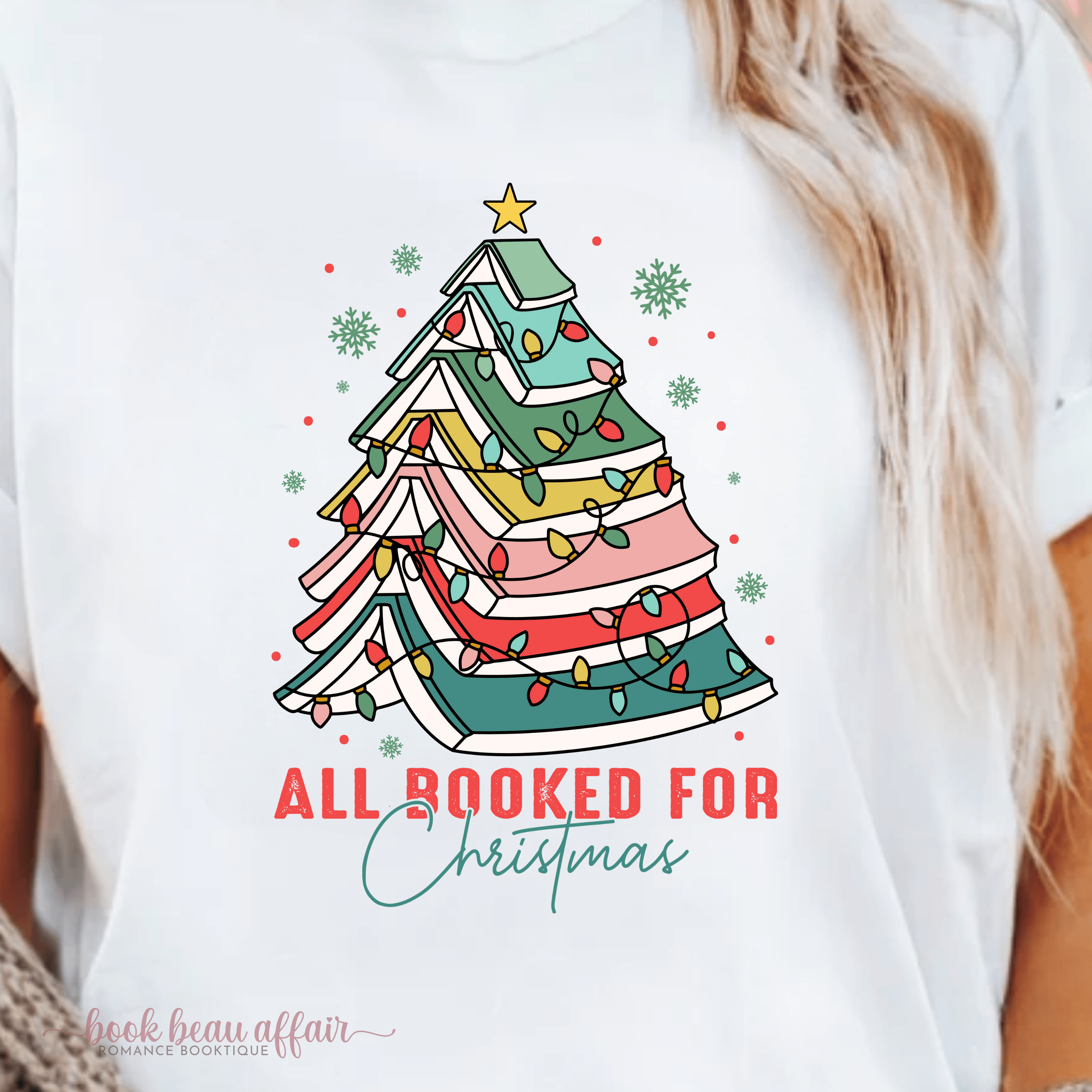 CLOSE UP All Booked for Christmas tee, book christmas tree, christmas tree bookish shirt, christmas shirt, white