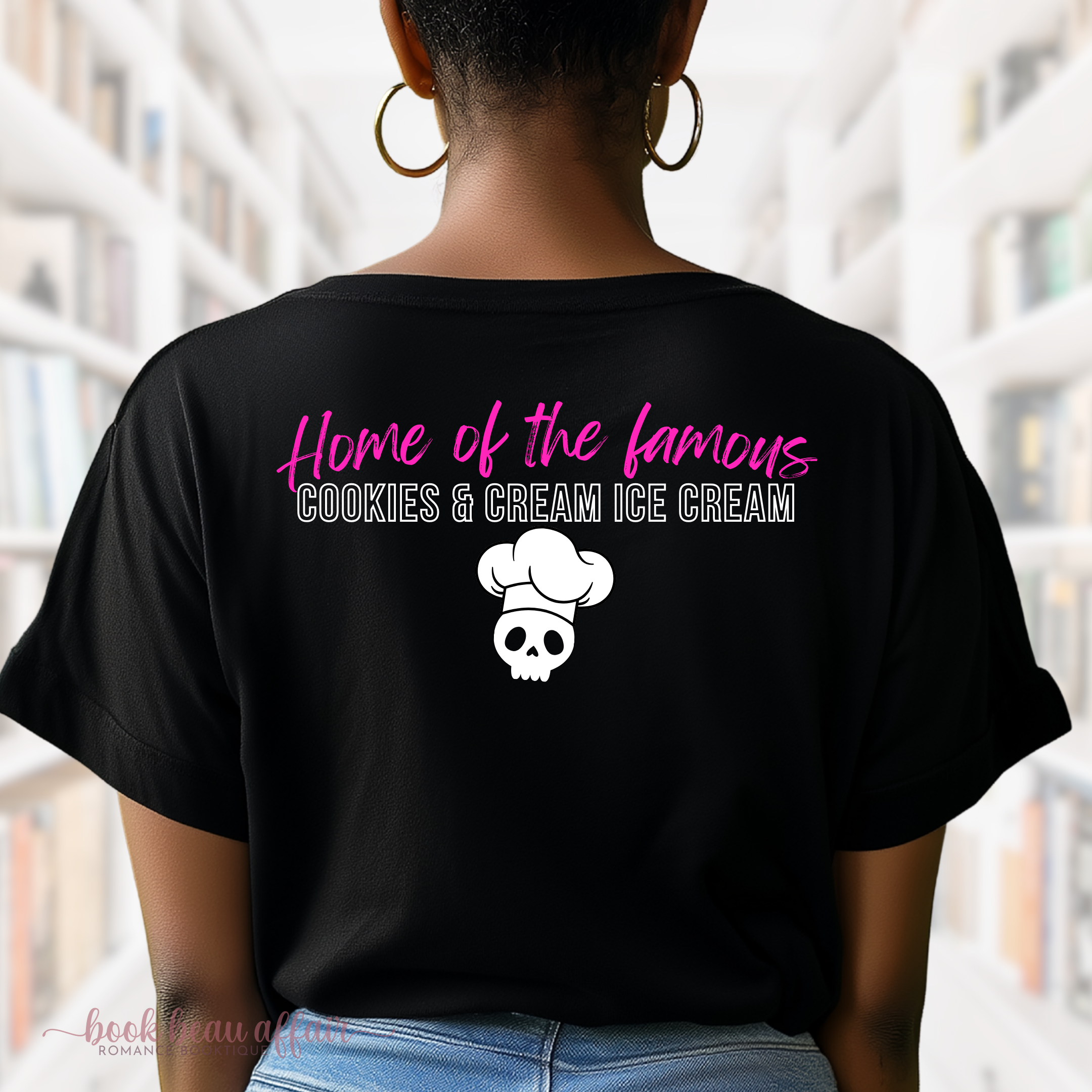 Back of David and Thorstens Creamery and Cafe, Everyones dying to eat here, home of the famous cookies and cream ice cream, butcher and blackbird tee, dark romance tee, bookish tee, front and back design, black tee