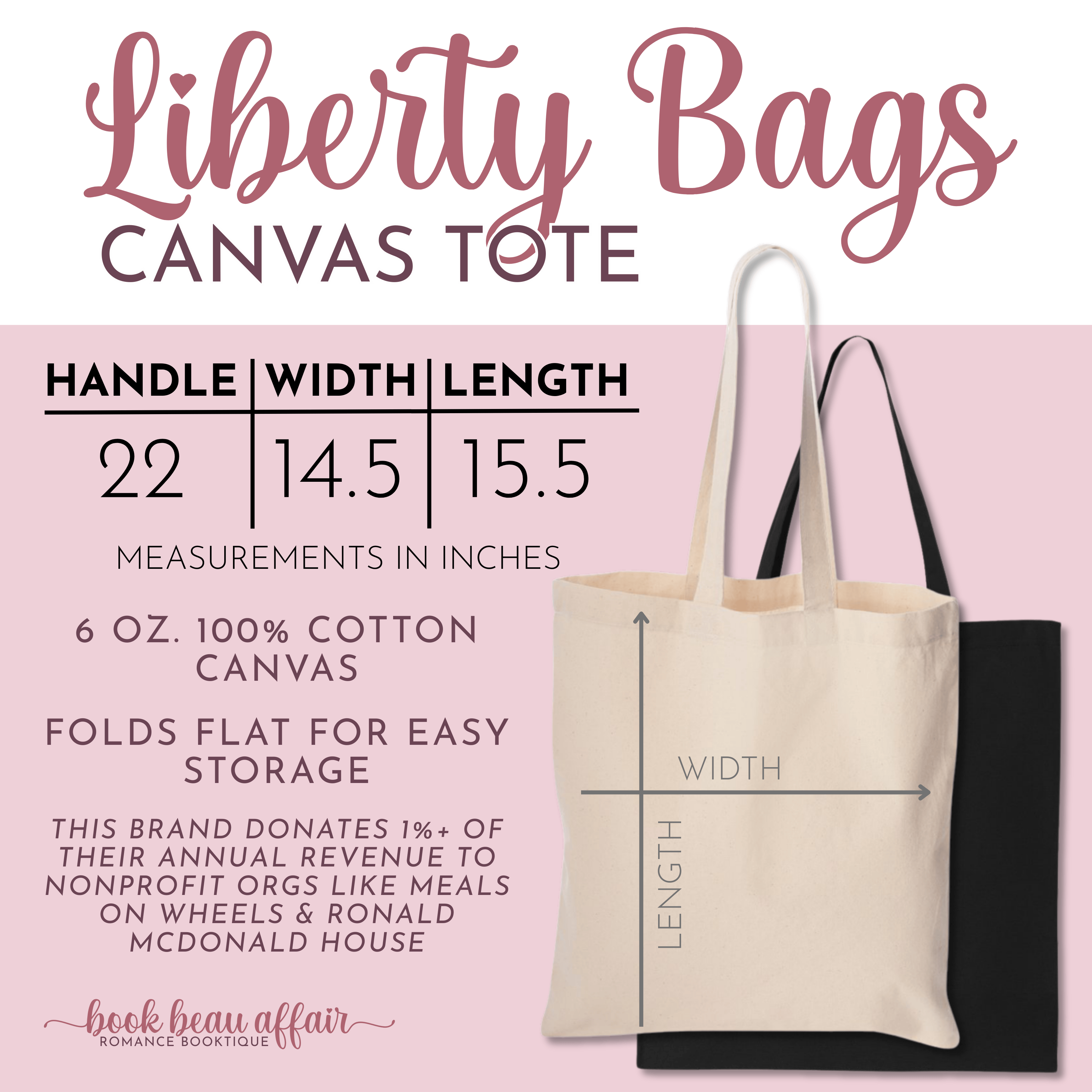 Liberty Bags Canvas Tote Book tote bag. 22 inch handle. 100% cotton canvas.
