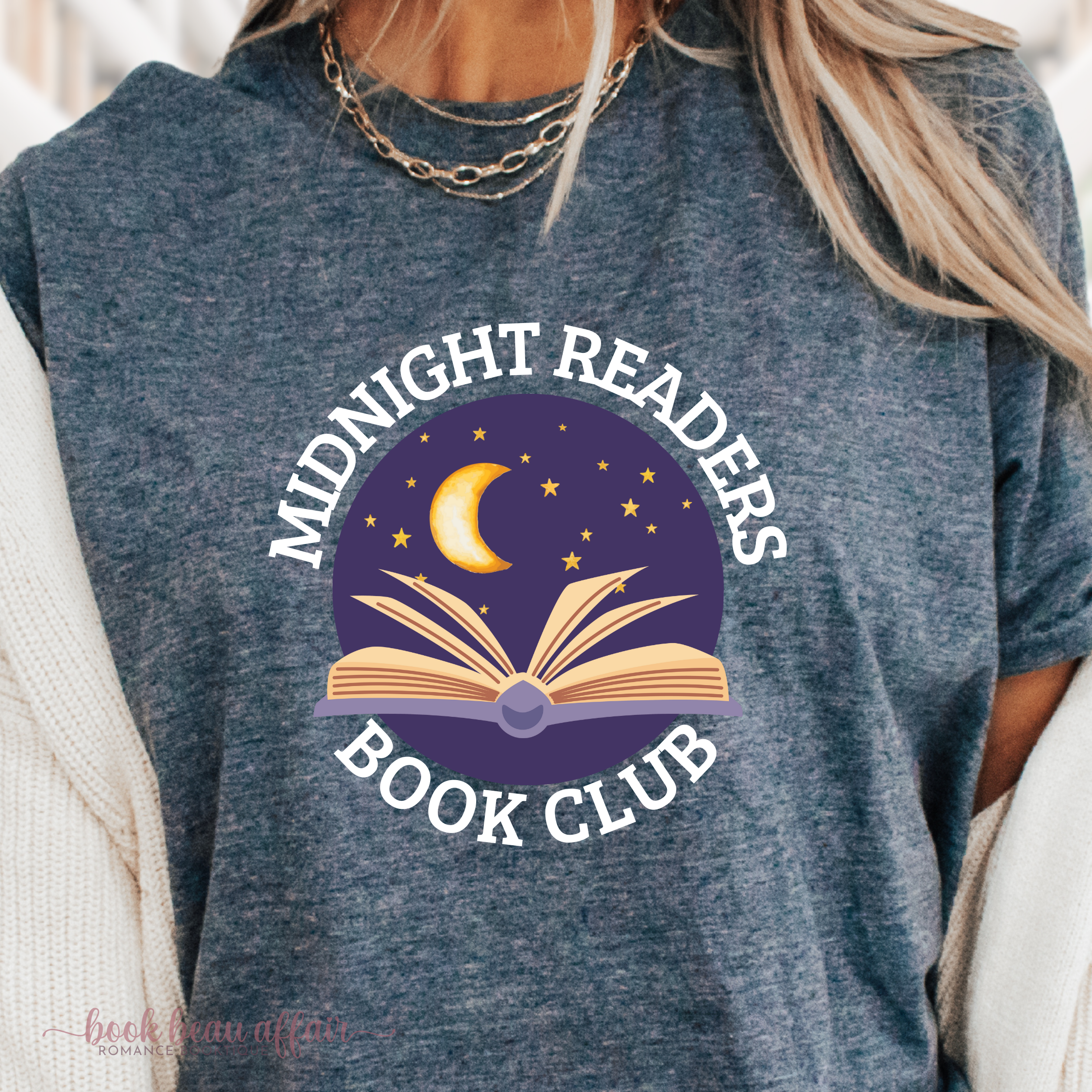 Close up Midnight Readers Book Club, Late Night Reader, I read past my bedtime, Book Club shirt, Bookish shirt, Heather Navy