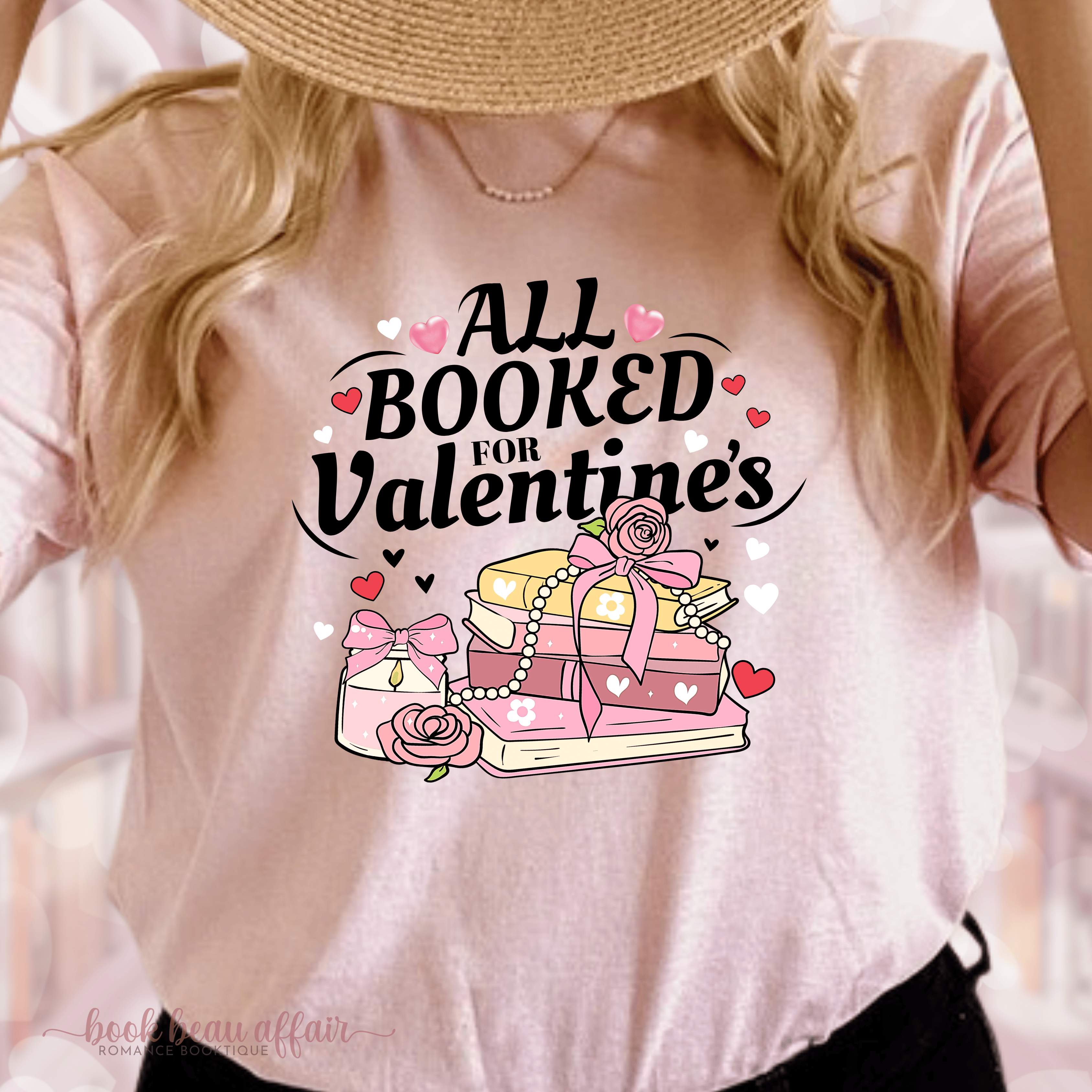 close up of All Booked for Valentines Day shirt Bookish valentines. Books and hearts.  light pink