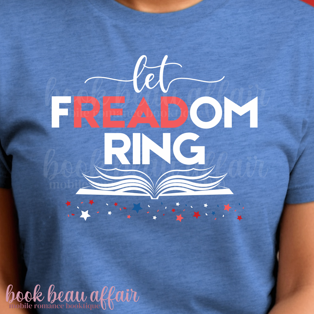Blue t-shirt with 'let FREADOM RING' text and book graphic on a person wearing it.
