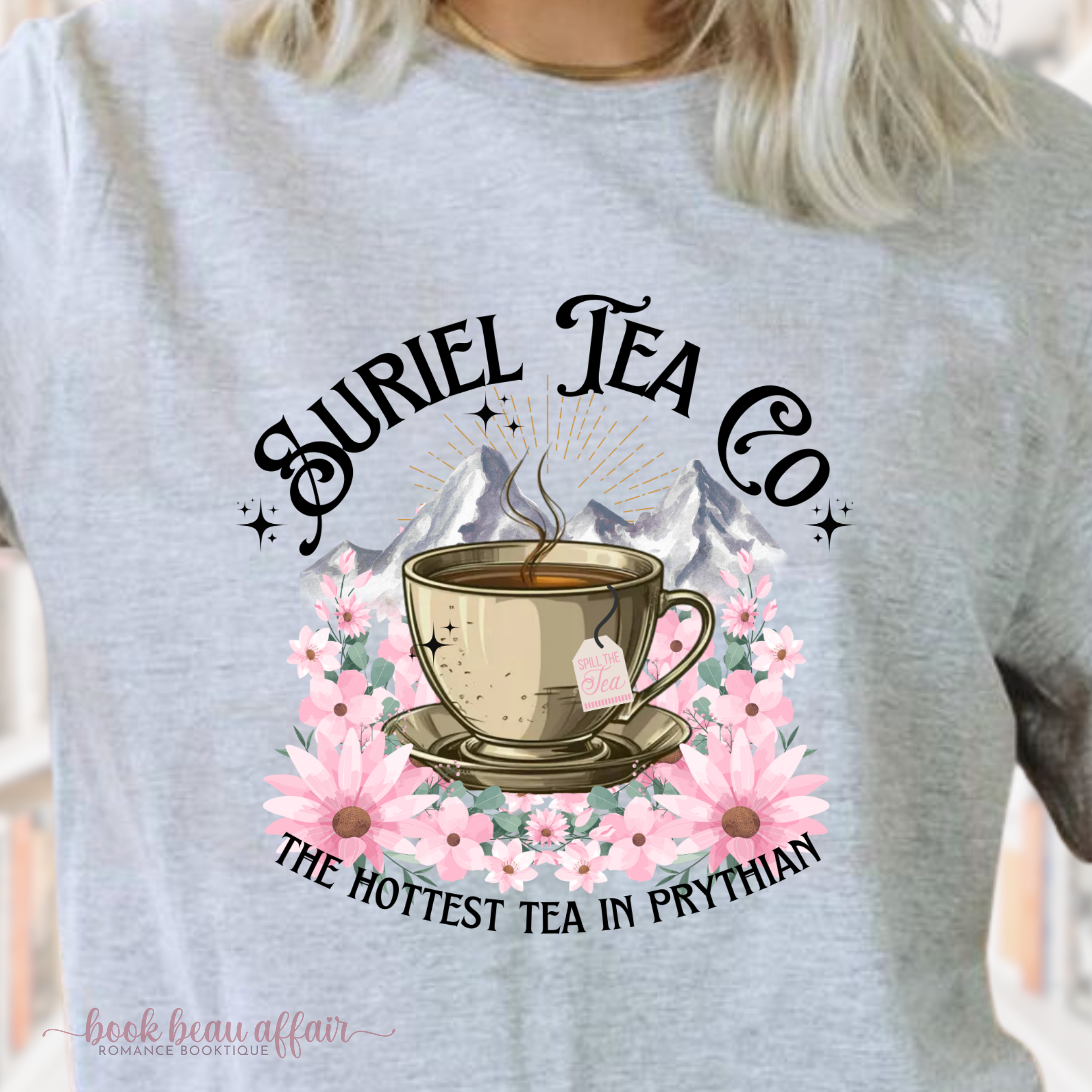 close up Suriel Tea Co, the hottest tea in Prythian, ACOTAR Shirt, Spill the Tea, The Suriel, Stay with the highlord, bookish tee, sport gray, light gray
