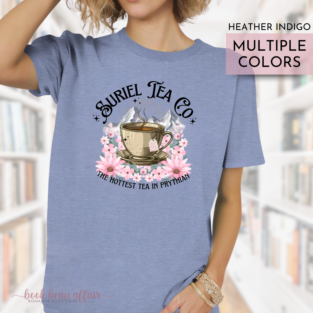 Suriel Tea Co, the hottest tea in Prythian, ACOTAR Shirt, Spill the Tea, The Suriel, Stay with the highlord, bookish tee, sport gray, heather indigo blue. SJM