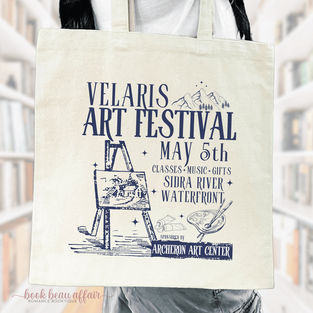 Close up of Tote Bag - Velaris Art Festival Sponsored by Archeron Art Center ACOTAR Tote Bag, Bookish tote, book tote bag, natural