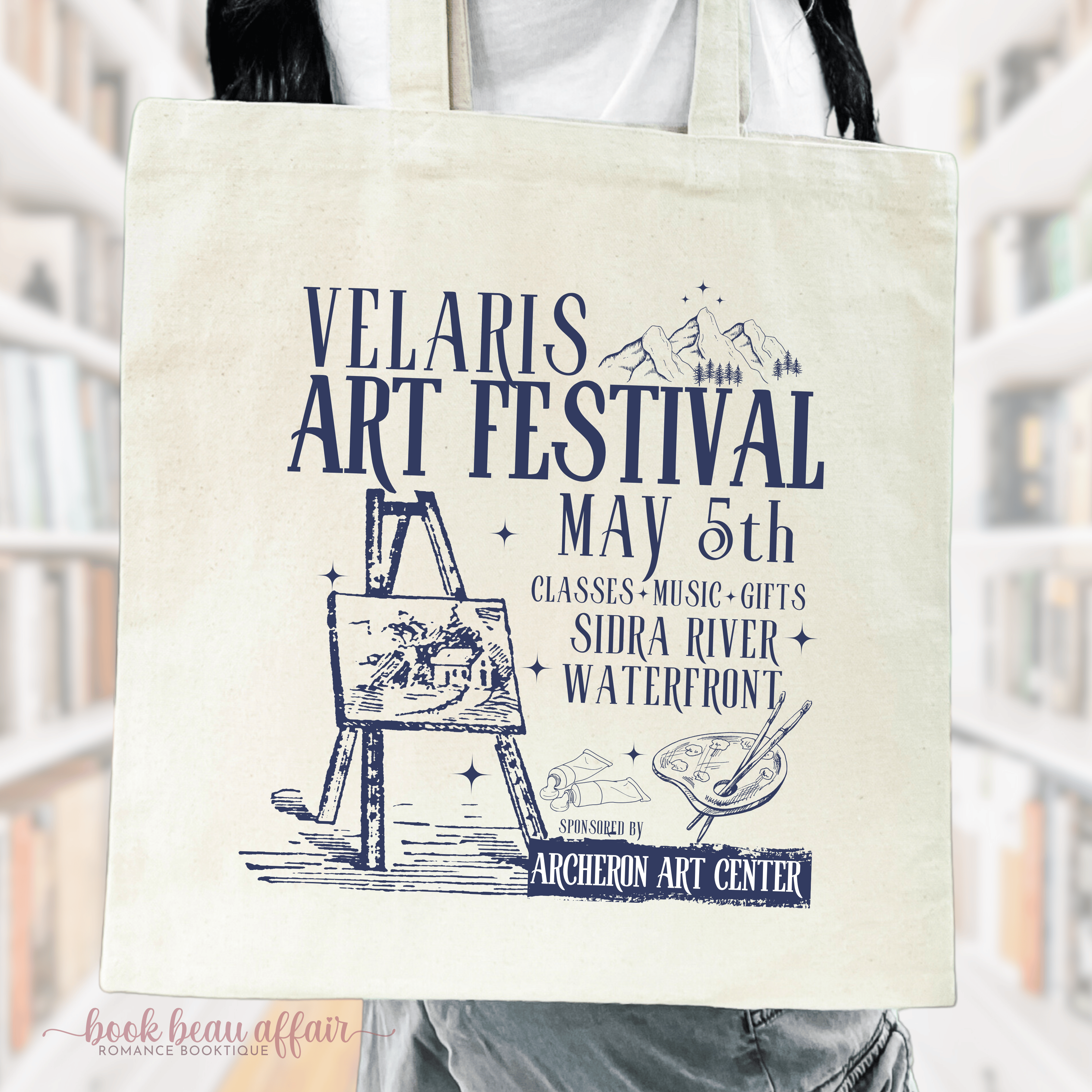 Close up of Tote Bag - Velaris Art Festival Sponsored by Archeron Art Center ACOTAR Tote Bag, Bookish tote, book tote bag, natural