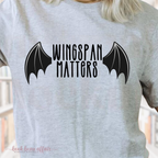Close up of Wingspan Matters, Bat Wings, Bat Boys, Acotar Shirt, Bookish shirt, Romantasy, Rhysand, sport gray shirt