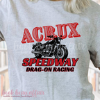 Gray t-shirt with red and black motorcycle graphic and text that says Acrux Speedway Drag-on Racing 