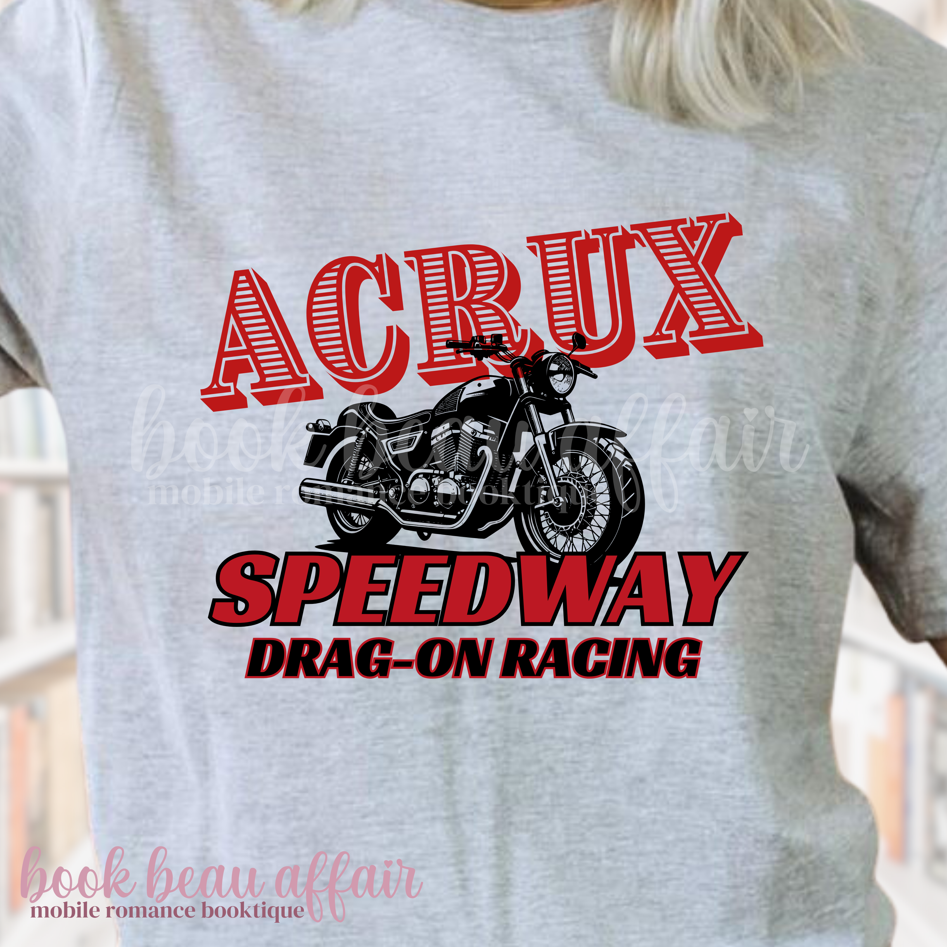 Gray t-shirt with red and black motorcycle graphic and text that says Acrux Speedway Drag-on Racing 