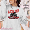 Grey Sweatshirt with red and black motorcycle graphic and text that says Acrux Speedway Drag-on Racing 