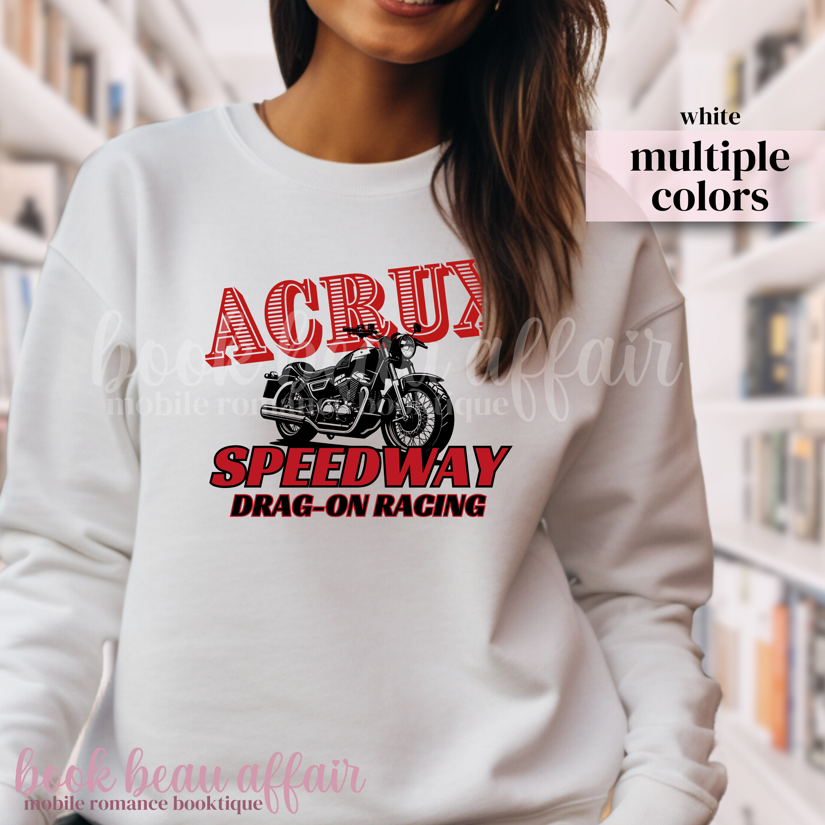 white sweatshirt with red and black motorcycle graphic and text that says Acrux Speedway Drag-on Racing 
