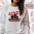 White sweatshirt with red and black graphic design featuring a motorcycle and text that says acrux speedway drag-on racing