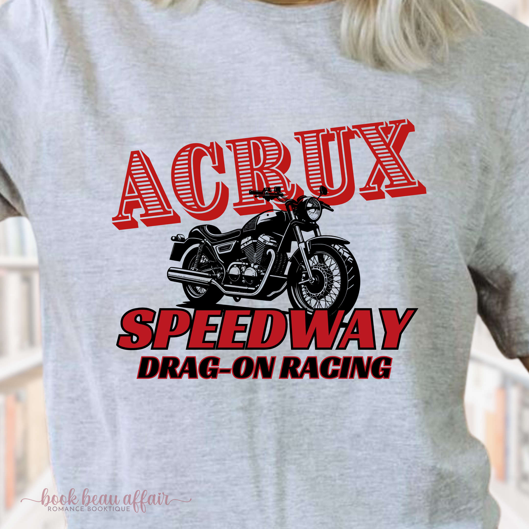 Close up of Darrius Acrux Speedway, Drag-on Racing, Dragons, Bookish Tee, Zodiac Academy Tee, gray shirt