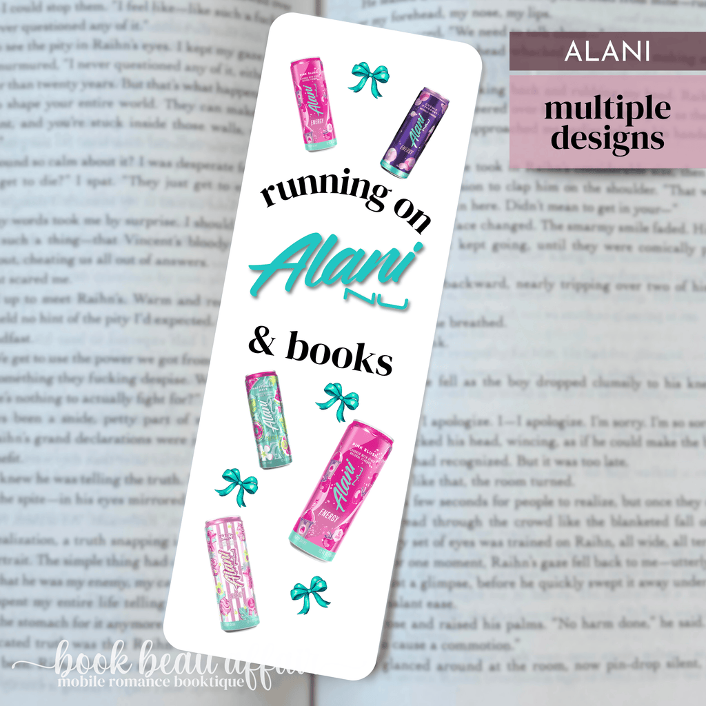 Bookmark with 'running on Alani & books' text and product images on a book page.
