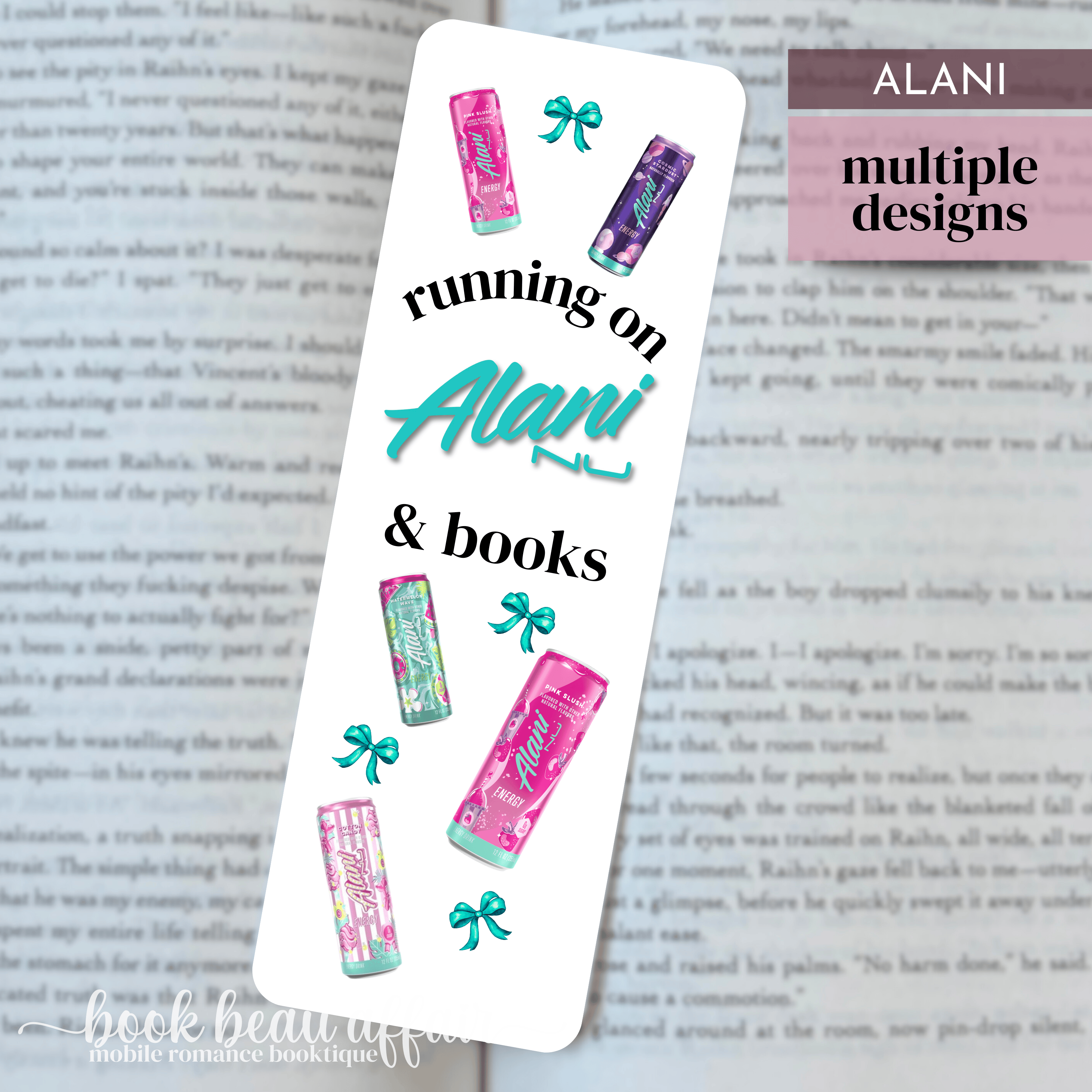 Bookmark with 'running on Alani & books' text and product images on a book page.