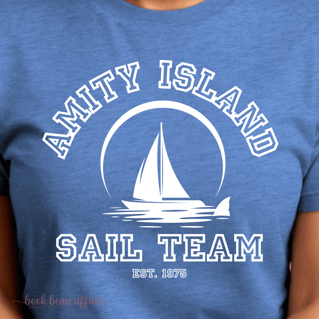 Amity Island Sail Team, Shark Fin, Jaws fan shirt, Jaws 50th Anniversary, Great White Shark, Close Up Heather Royal Blue shirt