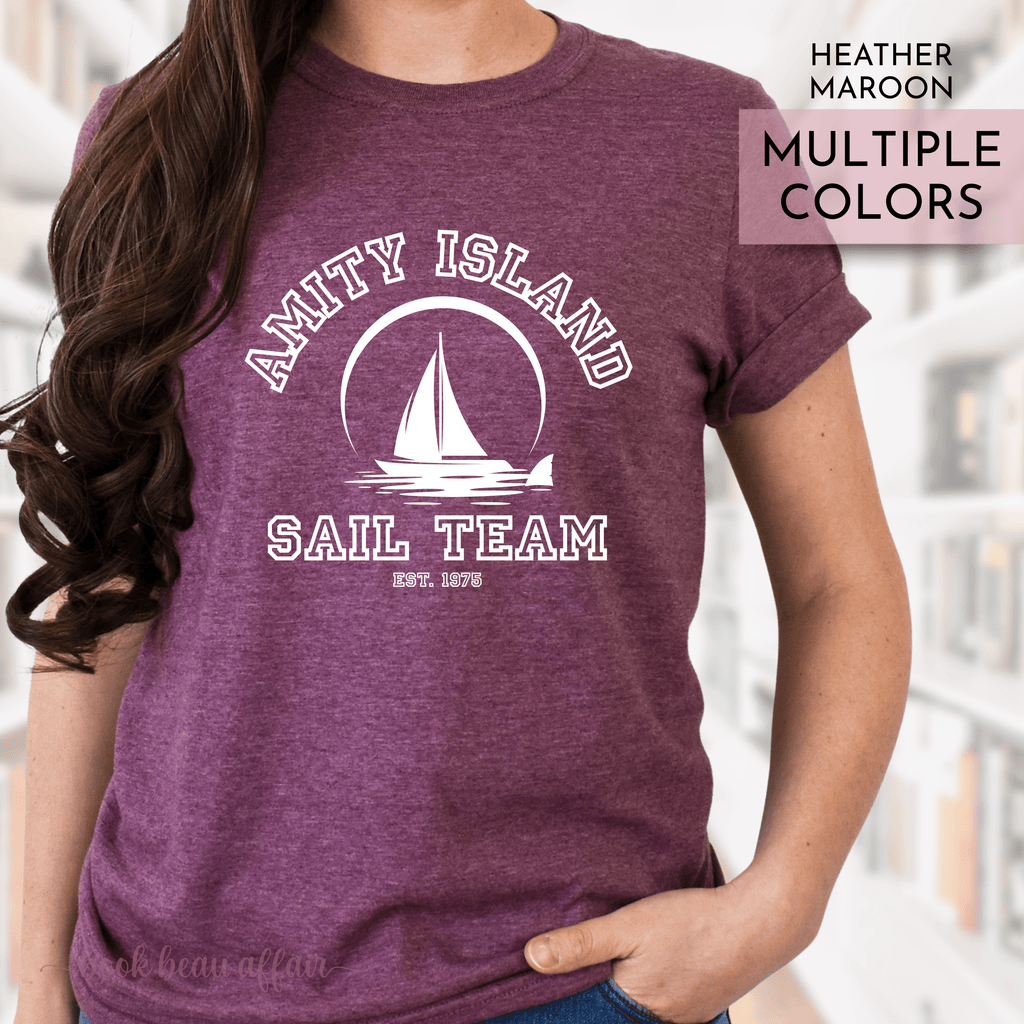 Amity Island Sail Team, Shark Fin, Jaws fan shirt, Jaws 50th Anniversary, Great White Shark, Heather Maroon