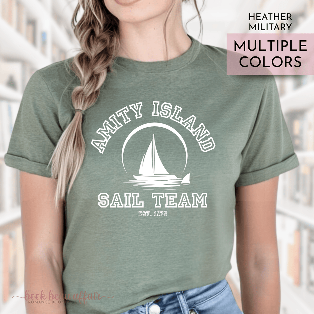 Amity Island Sail Team, Shark Fin, Jaws fan shirt, Jaws 50th Anniversary, Great White Shark, Heather Military Green