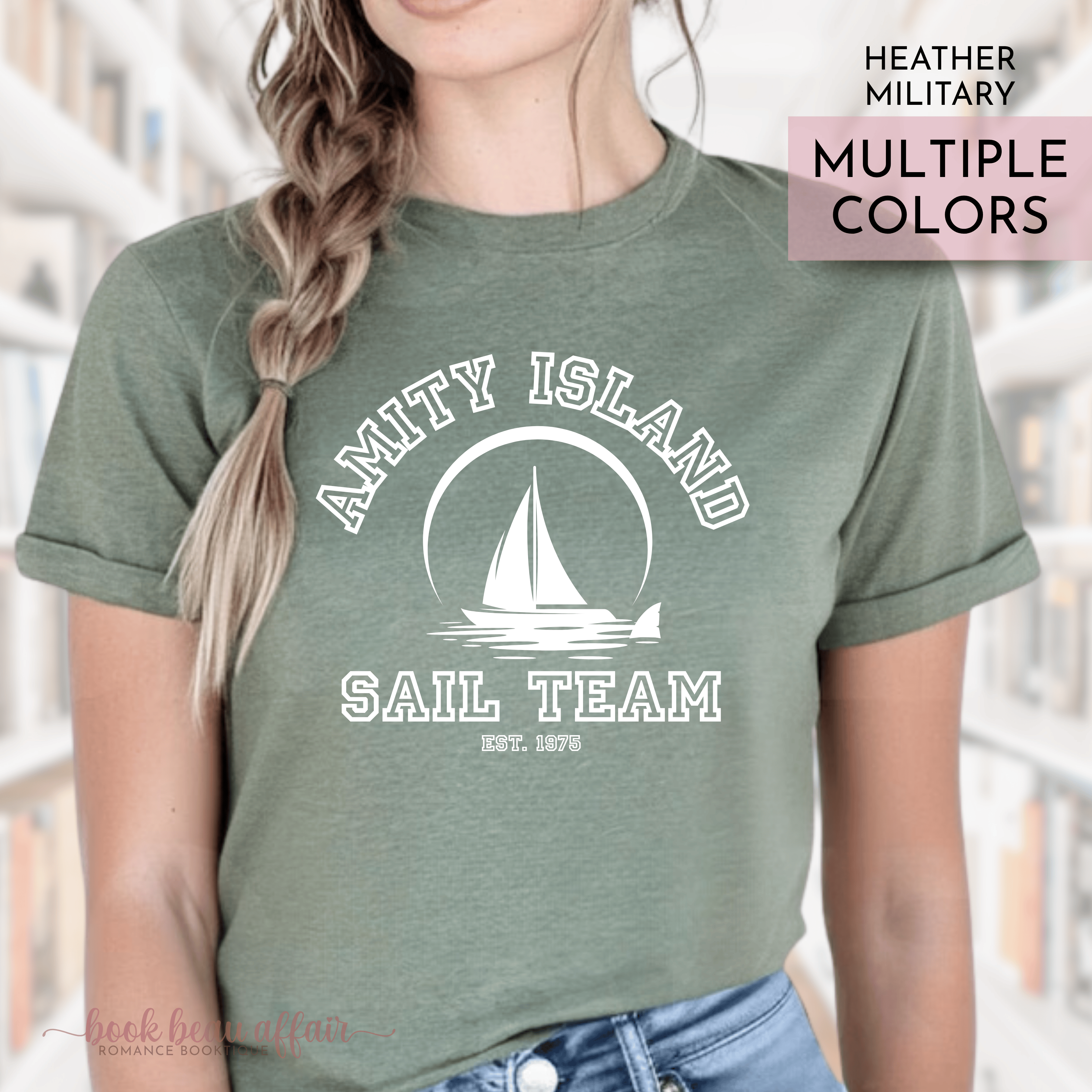 Amity Island Sail Team, Shark Fin, Jaws fan shirt, Jaws 50th Anniversary, Great White Shark, Heather Military Green