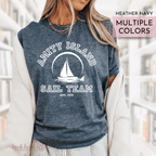 Amity Island Sail Team, Shark Fin, Jaws fan shirt, Jaws 50th Anniversary, Great White Shark, Heather Navy