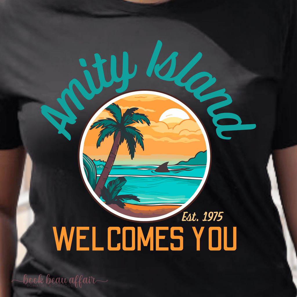 Amity Island Welcomes You, Shark Fin, Jaws fan shirt, Jaws 50th Anniversary, Great White Shark, Close Up Black Tee