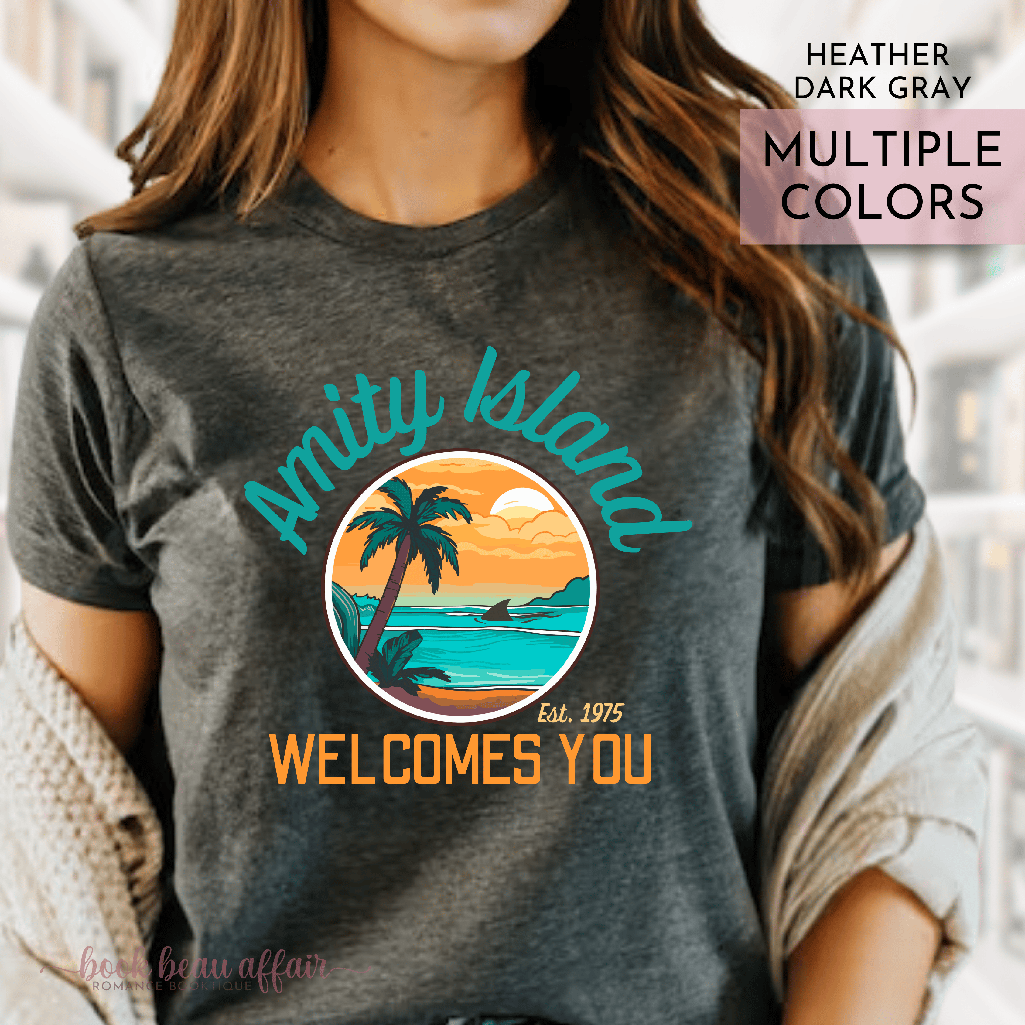 Amity Island Welcomes You, Shark Fin, Jaws fan shirt, Jaws 50th Anniversary, Great White Shark, Heather Dark Gray Tee