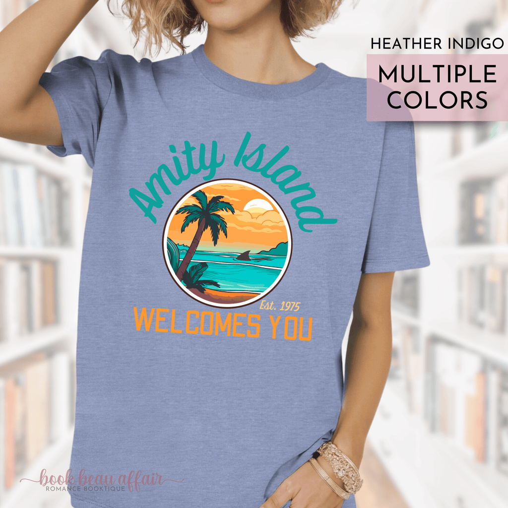 Amity Island Welcomes You, Shark Fin, Jaws fan shirt, Jaws 50th Anniversary, Great White Shark, Heather Indigo Blue Tee
