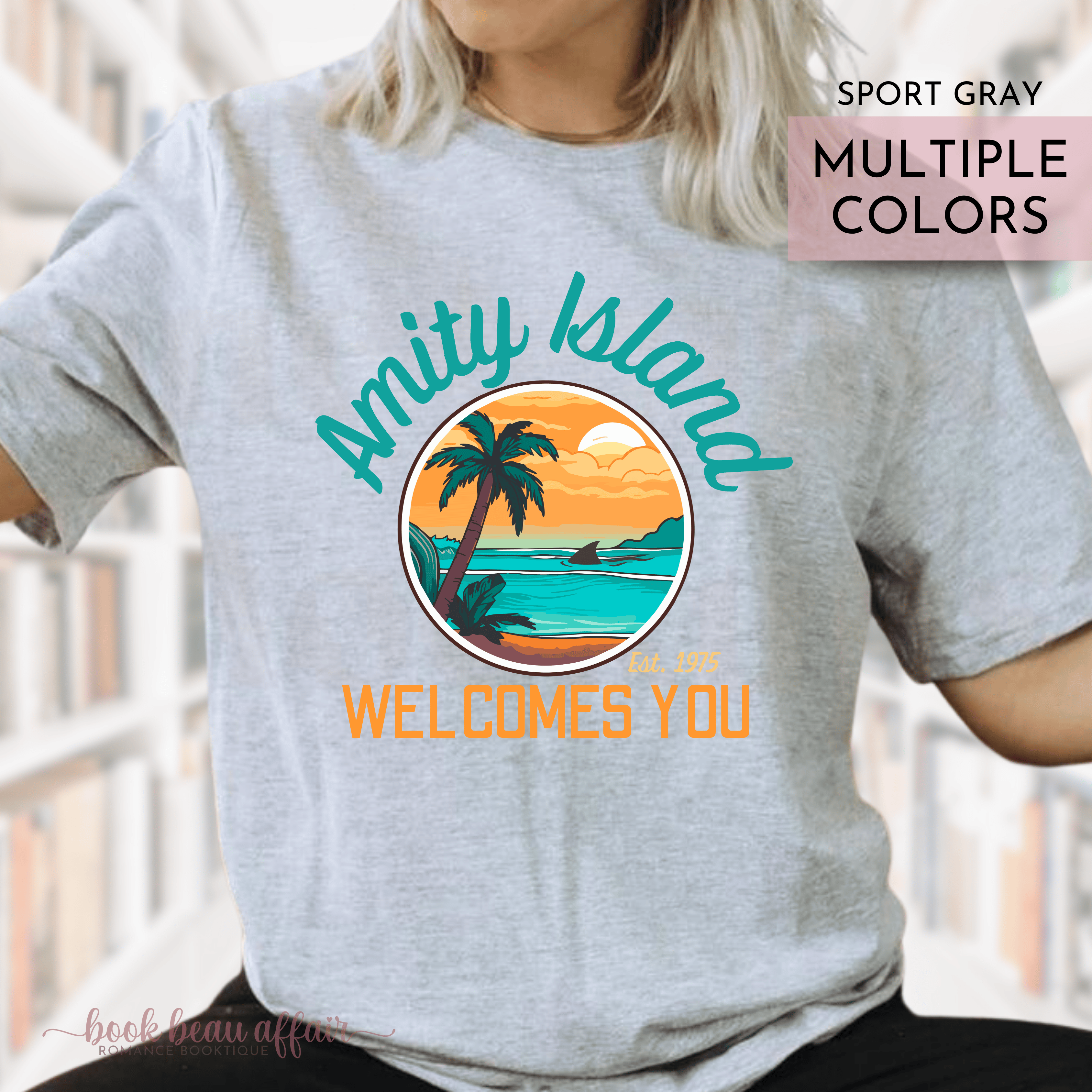 Amity Island Welcomes You, Shark Fin, Jaws fan shirt, Jaws 50th Anniversary, Great White Shark, Sport Gray Tee