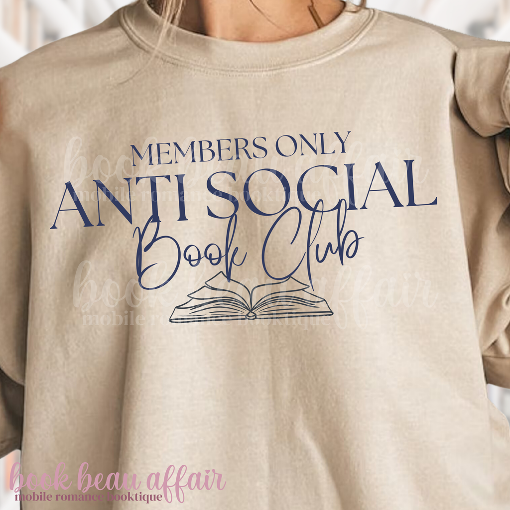 Beige sweatshirt with 'Members Only Anti Social Book Club' text and book graphic.