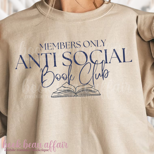Beige sweatshirt with 'Members Only Anti Social Book Club' text and book graphic.