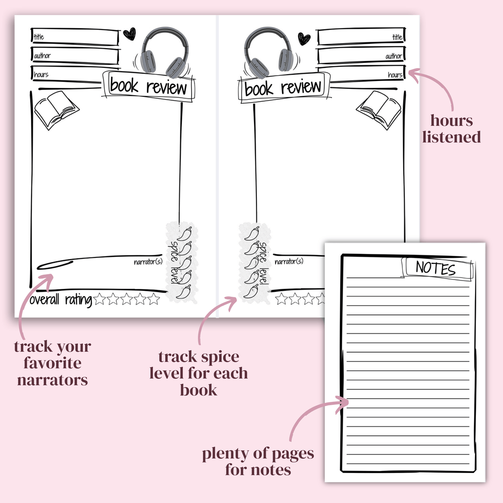 Pages from a book review notebook with headings and notes on a pink background