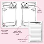 Pages from a book review notebook with headings and notes on a pink background