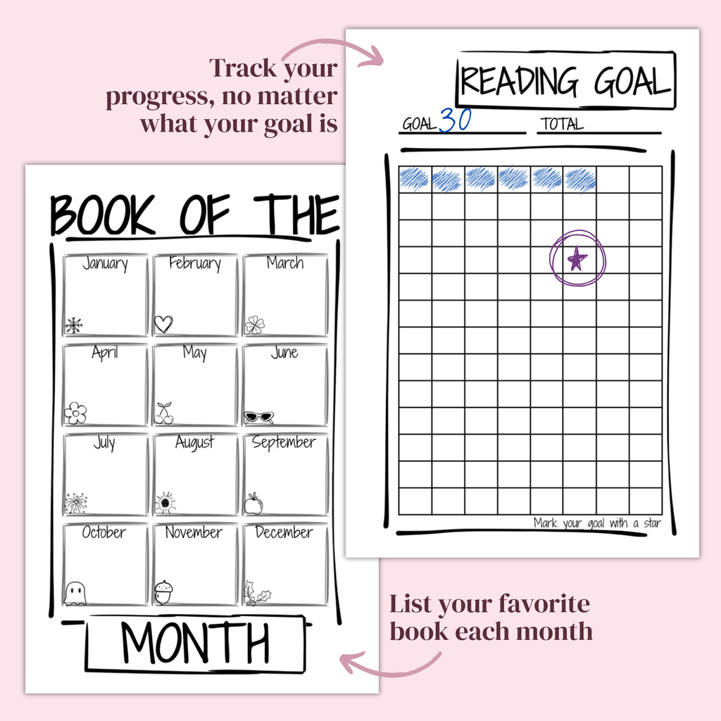 Two book review pages on a pink background, one with a calendar layout and the other with a reading goal chart.