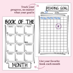 Two book review pages on a pink background, one with a calendar layout and the other with a reading goal chart.