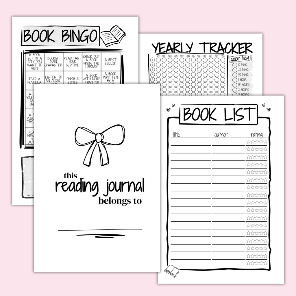 Set of reading journal pages with 'Book Bingo', 'Yearly Tracker', and 'Book List' on a pink background.