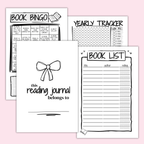 Set of reading journal pages with 'Book Bingo', 'Yearly Tracker', and 'Book List' on a pink background.