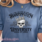 Blue t-shirt with skull design and text that says I vow. You Vow. We Vow. Barrington University. House of Lords.