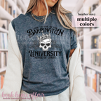 Person wearing a blue t-shirt with 'Barrington University House of Lords' design in a library setting.