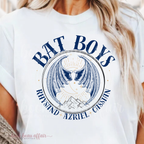 White t-shirt with 'BAT BOYS' graphic design featuring bat wings and a mountain side. With additional text that says Rhysand, Azriel, Cassian