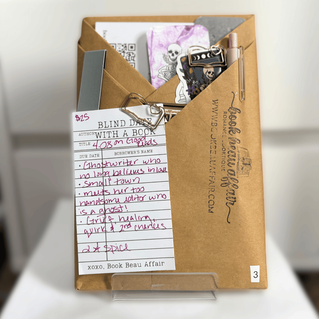 Blind Date with a Book. Mystery Book Wrapped in brown craft paper with a pen, stickers, bookmarks and other goodies
